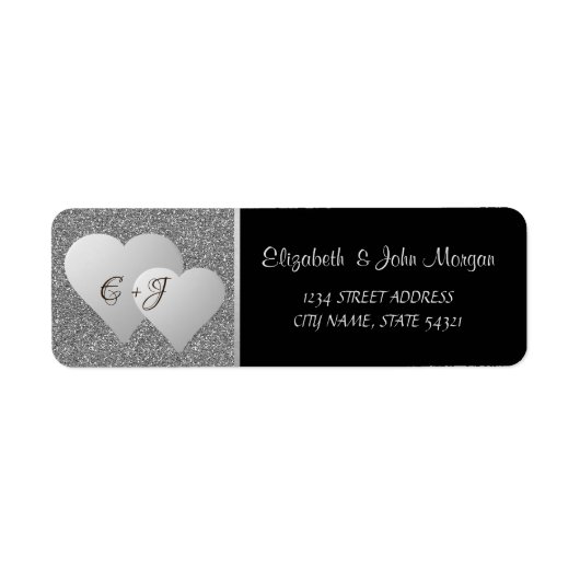 Elegante luxe, zilveren glitter harten, monogram etiket (Voorkant)