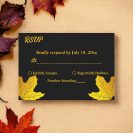 Elegante luxe zwart en goud bladeren herfst bruilo RSVP kaartje