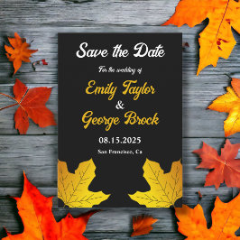 Elegante luxe zwart en goud bladeren herfst bruilo save the date