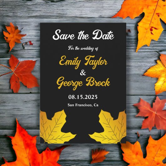 Elegante luxe zwart en goud bladeren herfst bruilo save the date