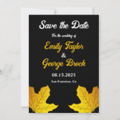 Elegante luxe zwart en goud bladeren herfst bruilo save the date (Voorkant)