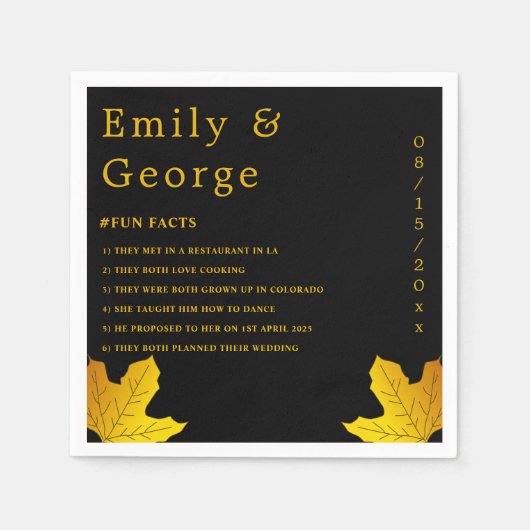 Elegante luxe zwart en goud bladeren herfst bruilo servet (Voorkant)