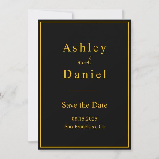 Elegante luxe zwart en goud minimale bruiloft save the date (Voorkant)