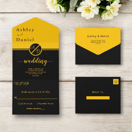 Elegante luxe zwart en goud monogram bruiloft all in one uitnodiging