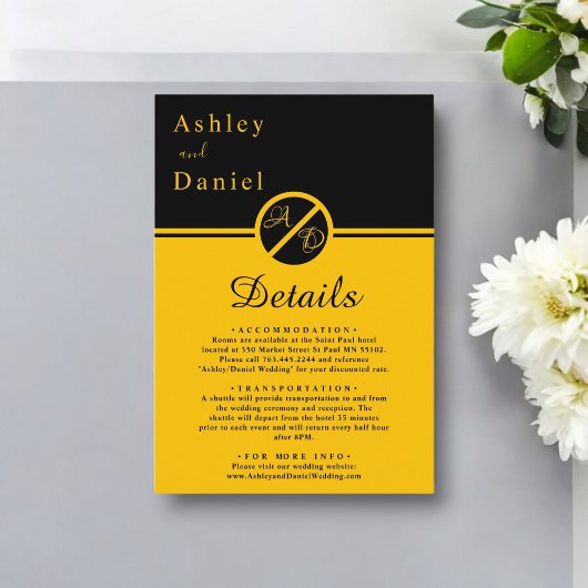 Elegante luxe zwart en goud monogram bruiloft informatiekaartje