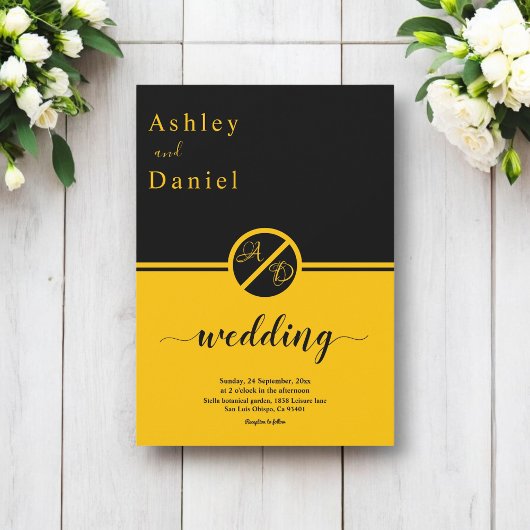 Elegante luxe zwart en goud monogram bruiloft kaart