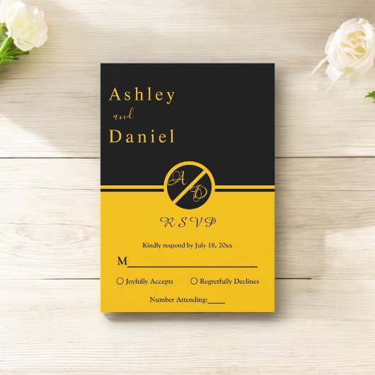 Elegante luxe zwart en goud monogram bruiloft RSVP kaartje