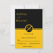 Elegante luxe zwart en goud monogram bruiloft RSVP kaartje (Voorkant)