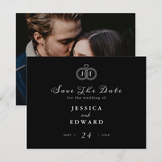 Elegante luxe zwart-wit ring monogram foto save the date (Voorkant / Achterkant)