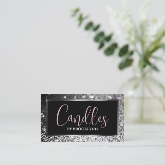 Elegante luxe zwart zilver sprankelende glitter visitekaartje (Staand voorkant)