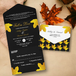 Elegante luxe zwarte en gouden bladeren herfst bru all in one uitnodiging