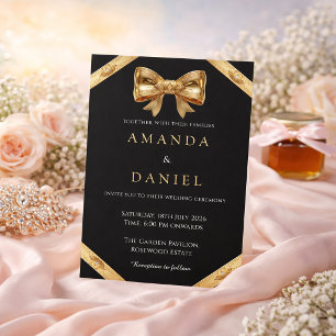 Elegante luxe zwarte en gouden strik bruiloft kaart