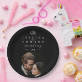 Elegante Luxe Zwarte Witte Monogram Foto Huwelijk Papieren Bordje (Feest)