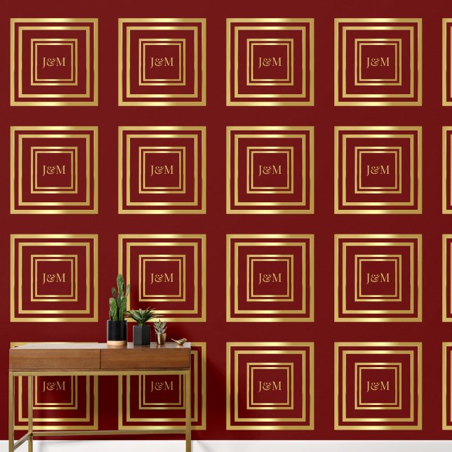 Elegante luxerood en gouden monogram initiaal naam behang (Creator heeft geüpload)
