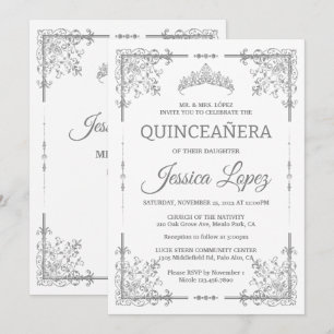 Elegante Luxueuze Witte en Grijze Quinceanera Kaart