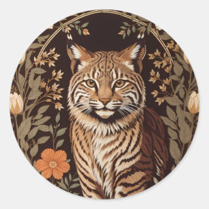 Elegante lynx op bruine bloemige achtergrond ronde sticker