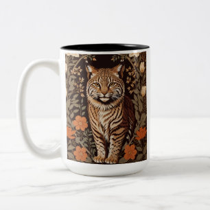 Elegante lynx op bruine bloemige achtergrond tweekleurige koffiemok