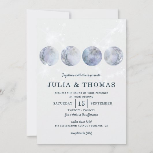 Elegante Maan Blauw Goud Sterren Bruiloft Kaart (Voorkant)