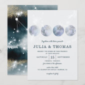 Elegante Maan Blauw Goud Sterren Bruiloft Kaart (Voorkant / Achterkant)