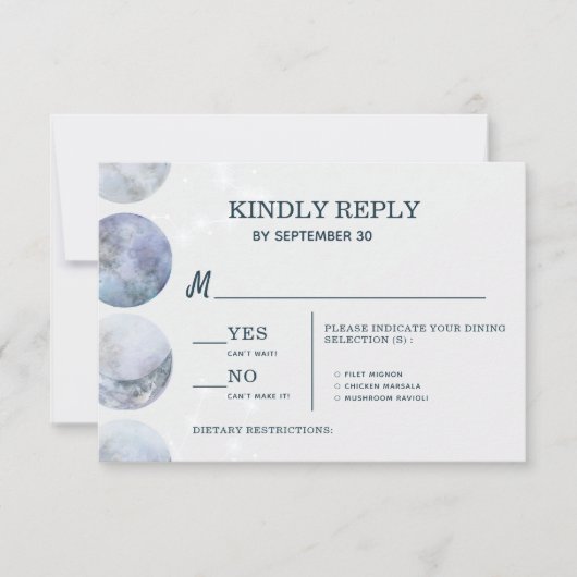 Elegante Maan Blauw Goud Sterren Bruiloft RSVP Kaartje (Voorkant)
