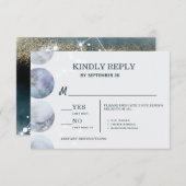Elegante Maan Blauw Goud Sterren Bruiloft RSVP Kaartje (Voorkant / Achterkant)