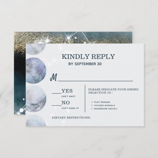 Elegante Maan Blauw Goud Sterren Bruiloft RSVP Kaartje (Voorkant / Achterkant)