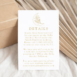 Elegante maan en sterren gouden bruiloft details informatiekaartje<br><div class="desc">Ontworpen om te coördineren met onze Elegant Botanical Moon and Stars bruiloft collectie, deze boho bruiloft details kaart is voorzien van een gouden lijn art illustratie van een maan versierd met sterren en gebladerte op een witte achtergrond. Personaliseer de gouden trouwgegevens kaart met belangrijke informatie zoals hotelaccommodaties, transport, ontvangstgegevens, trouwwebsite...</div>