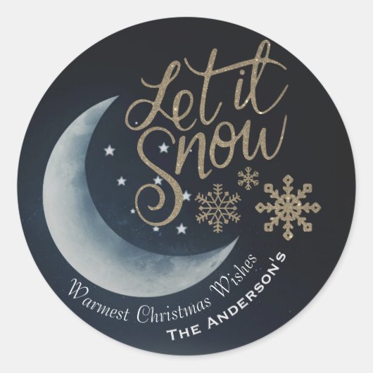 Elegante maan en sterren laten het sneeuwkerstwens ronde sticker (Voorkant)