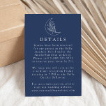 Elegante maan en sterren marine bruiloft details informatiekaartje<br><div class="desc">Ontworpen om te coördineren met onze Elegant Botanical Moon and Stars bruiloft collectie, deze boho bruiloft details kaart is voorzien van een witte lijn art illustratie van een maan versierd met sterren en gebladerte op een marine achtergrond. Personaliseer de navy trouwgegevens kaart met belangrijke informatie, zoals hotelaccommodaties, transport, ontvangstgegevens, trouwwebsite,...</div>