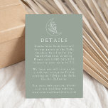 Elegante Maan en Sterren Sage Groene Bruiloft Deta Informatiekaartje<br><div class="desc">Ontworpen om te coördineren met onze Elegant Botanical Moon and Stars bruiloft collectie, deze boho bruiloft details kaart is voorzien van een witte lijn art illustratie van een maan versierd met sterren en gebladerte op een wijze groene achtergrond. Personaliseer de salie groene trouwgegevens kaart met belangrijke informatie zoals hotelaccommodaties, transport,...</div>