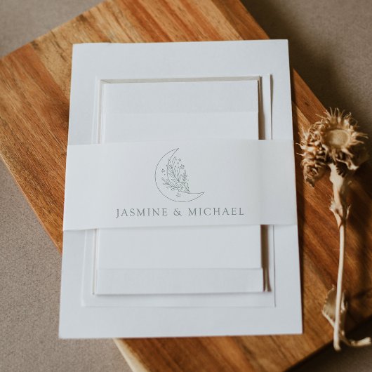 Elegante Maan en Sterren Sage Groene Bruiloft Uitnodigingen Wikkel