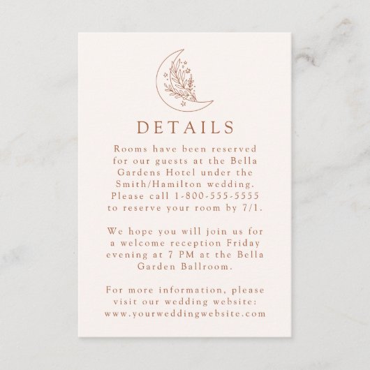 Elegante Maan en Sterren Terracotta Bruiloft Detai Informatiekaartje (Voorkant)