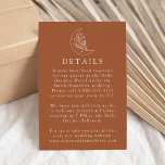 Elegante Maan en Sterren Terracotta Bruiloft Detai Informatiekaartje<br><div class="desc">Ontworpen om te coördineren met onze Elegant Botanical Moon and Stars bruiloft collectie, deze boho bruiloft details kaart is voorzien van een crème lijn art illustratie van een maan versierd met sterren en gebladerte op een terracotta achtergrond. Personaliseer de kaart met belangrijke trouwdetails zoals hotelaccommodaties, vervoer, ontvangstinformatie, huwelijkswebsite en meer!...</div>