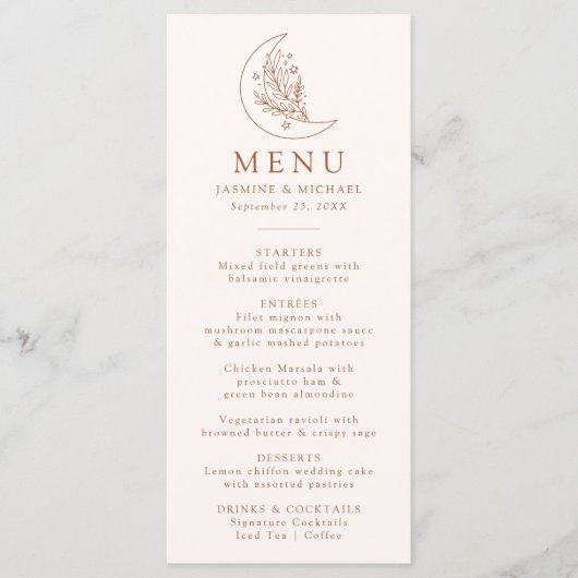 Elegante maan en sterren Terracotta bruiloft Menu (Voorkant)
