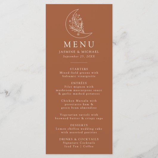 Elegante maan en sterren Terracotta bruiloft Menu (Voorkant)