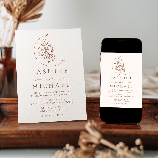 Elegante Maan en Sterren Terracotta Foto Bruiloft Kaart