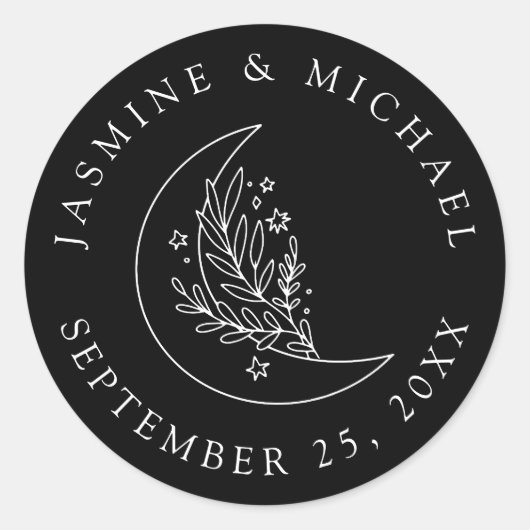 Elegante maan en sterren zwart bruiloft gunst ronde sticker (Voorkant)