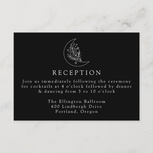 Elegante maan en sterren zwart bruiloft receptie informatiekaartje (Voorkant)