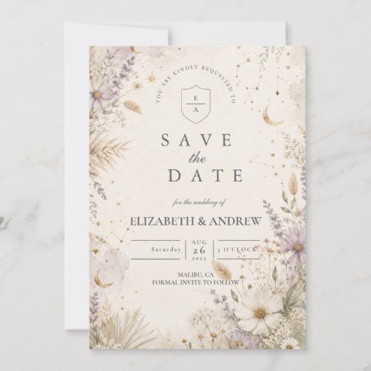 Elegante Maanverlichte Boho Hemelbruiloft Save The Date (Voorkant)