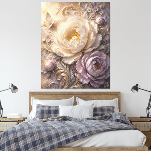 Elegante Maanverlichte Vorstbloem | Luxe Gepreste Canvas Afdruk (Insitu (Slaapkamer))