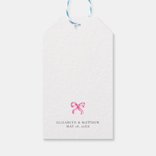 Elegante Macaron Roze Bow Coquette bruiloft Cadeaulabel (Achterkant)