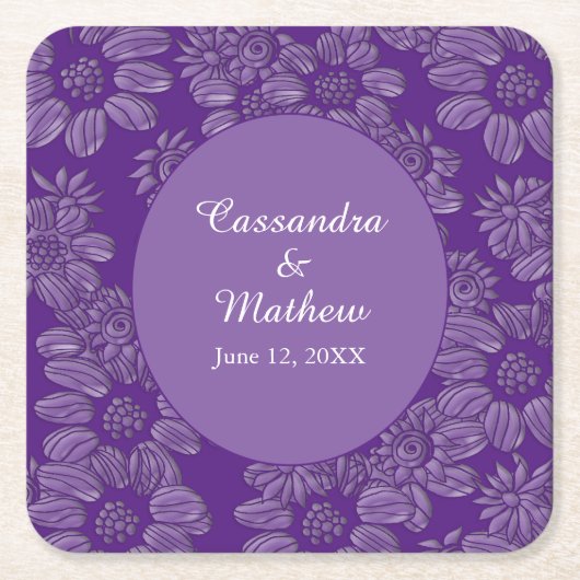 Elegante madeliefjes in Floral Royal Paarse bruilo Kartonnen Onderzetters (Voorkant)