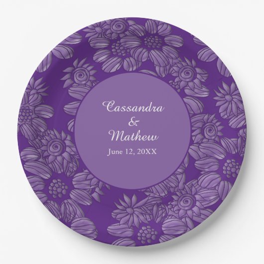 Elegante madeliefjes in Floral Royal Paarse bruilo Papieren Bordje (Voorkant)