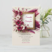 Elegante magenta bloemen en gouden lijsten bruilof kaart (Staand voorkant)