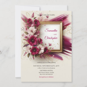 Elegante magenta bloemen en gouden lijsten bruilof kaart