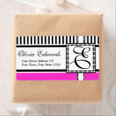 Elegante magenta en zwarte strepen Monogram E Etiket (Insitu)
