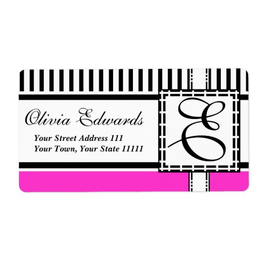 Elegante magenta en zwarte strepen Monogram E Etiket (Voorkant)