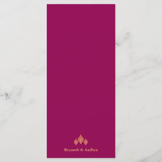 Elegante magenta gouden mandala indiaanse bruiloft menu (Achterkant)