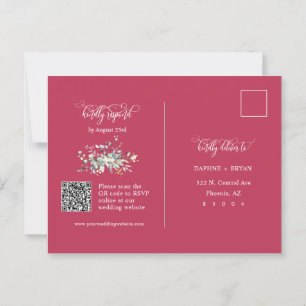 Elegante Magenta Green Leaves QR Code Adres RSVP Briefkaart