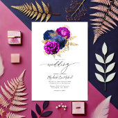 Elegante magenta, marine en gouden bloemenbruiloft kaart